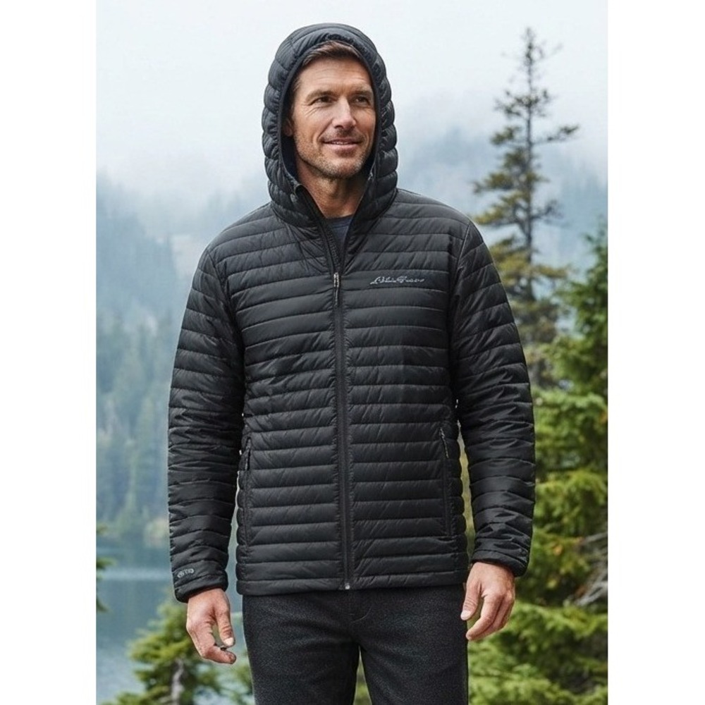 Eddie Bauer Black Hooded Down Puffer Jacket Men's Size M Packable Outdoor Hiking